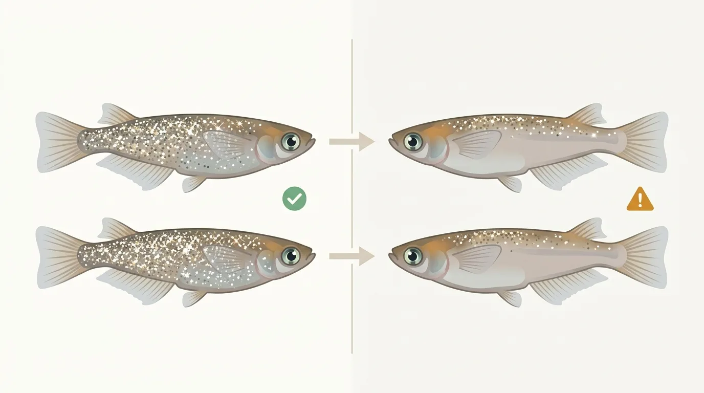 解説用イラスト: Examine the density and distribution of metallic sheen.