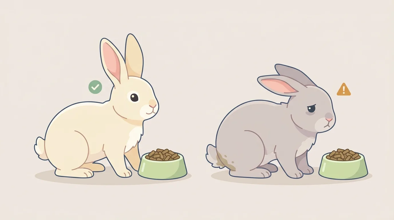 解説用イラスト: Examine the rear end and appetite.