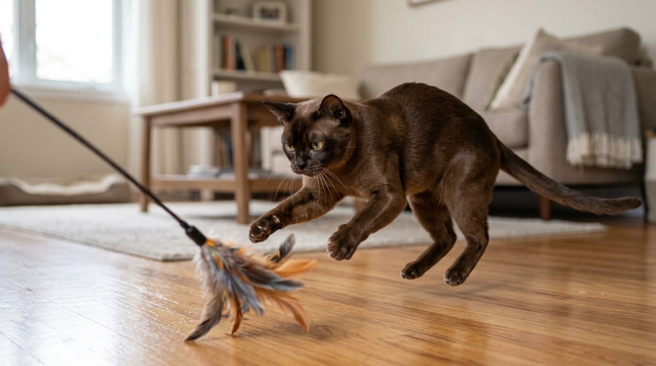 Burmese cat playing with a feather wand