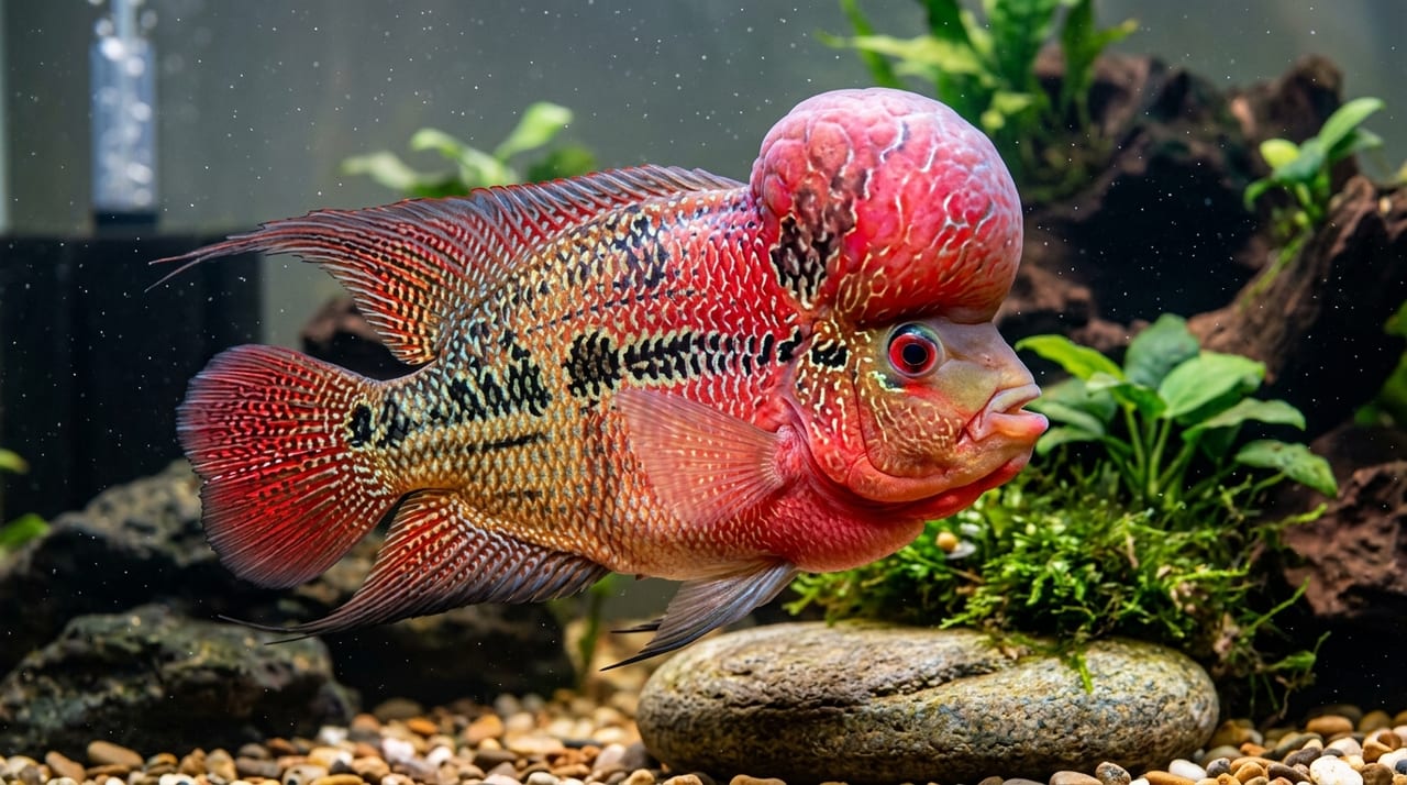 A Flowerhorn with a well-developed nuchal hump displaying vibrant coloration under LED lighting