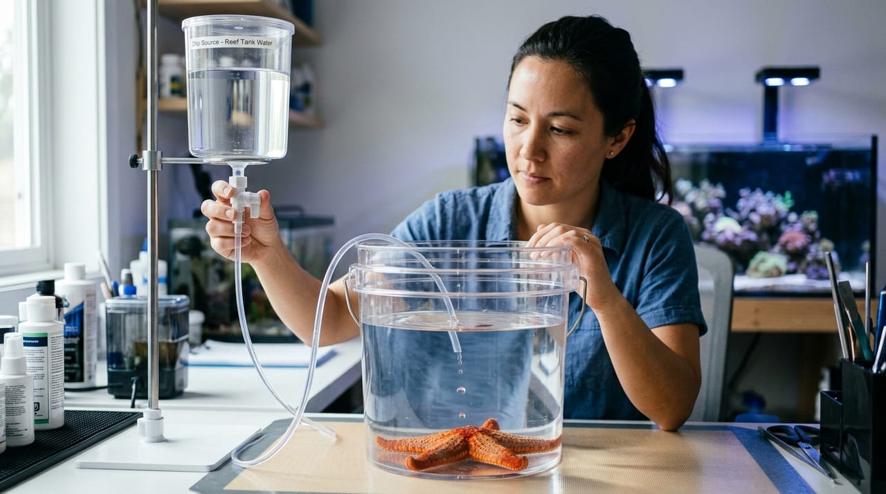 水合わせ用バケツでヒトデに点滴水を注ぐ様子