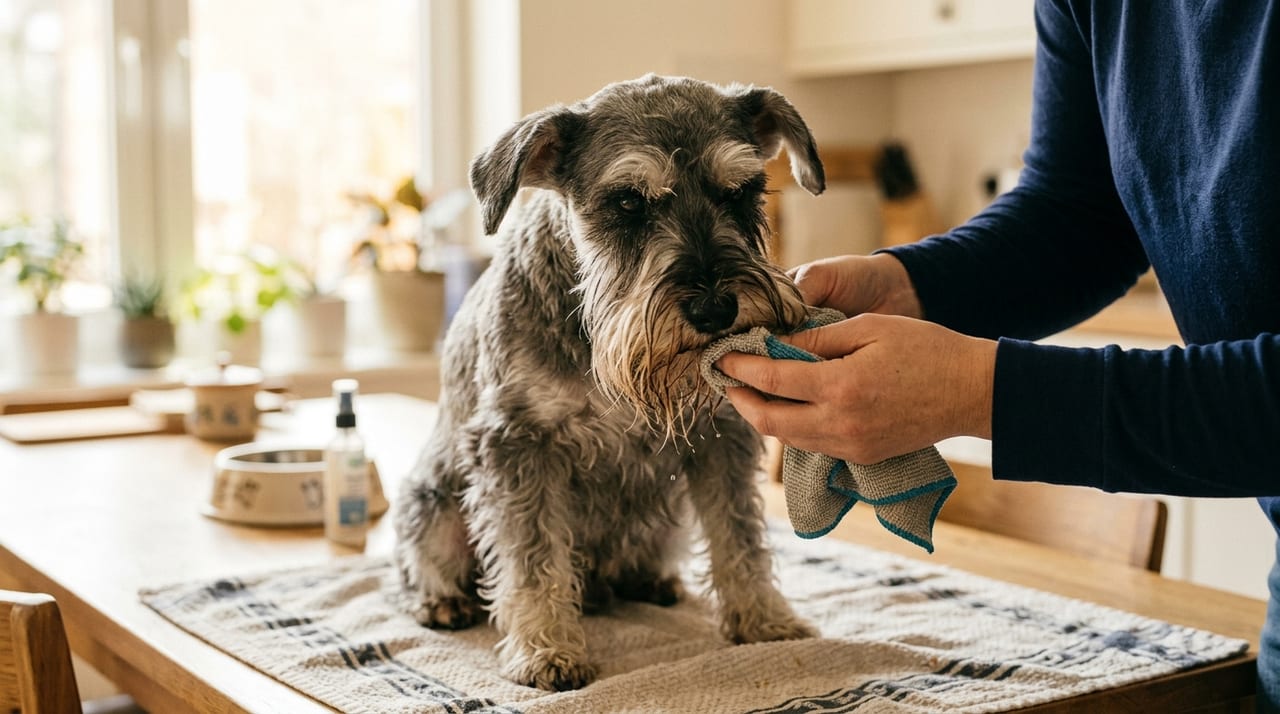 A Miniature Schnauzer's long beard being wiped with a damp towel after eating