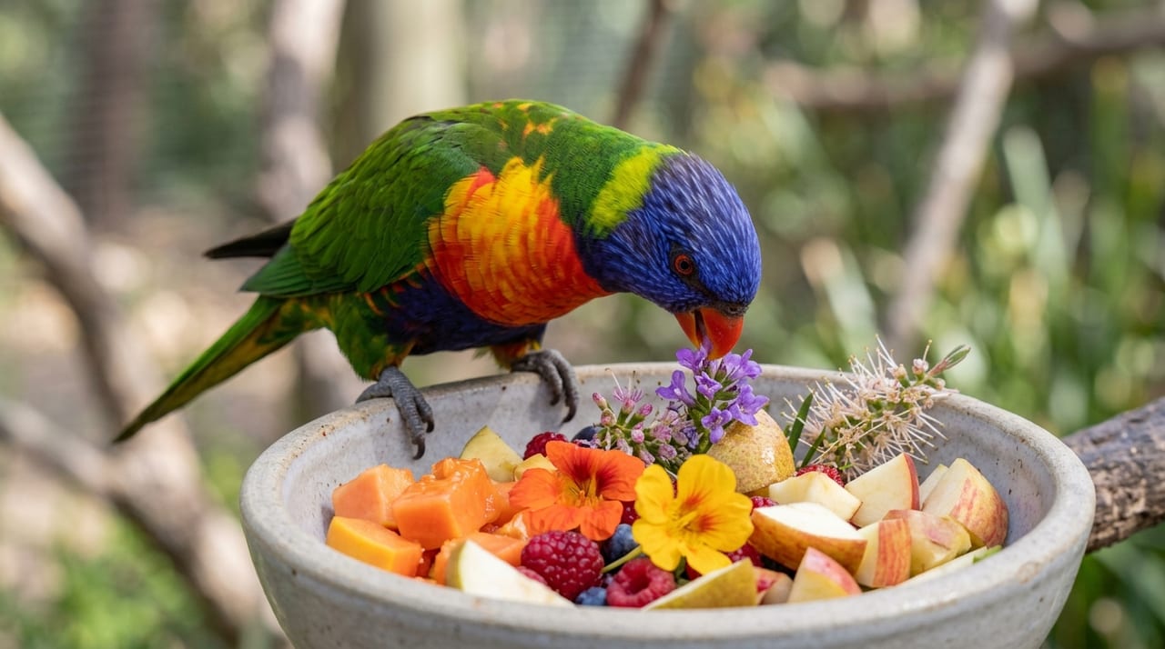 Rainbow Lorikeet feeding on fruit and edible flowers