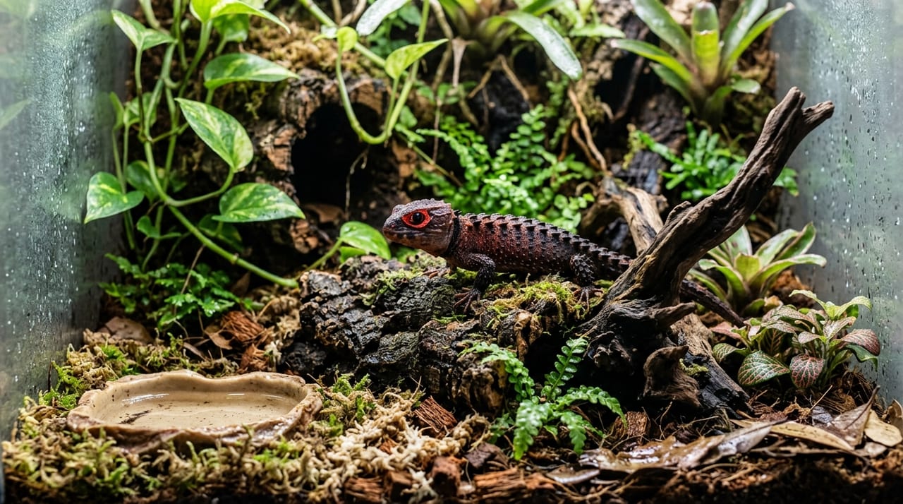 アカメカブトトカゲの飼育ガイド|赤い目のリングと高湿度管理のポイント