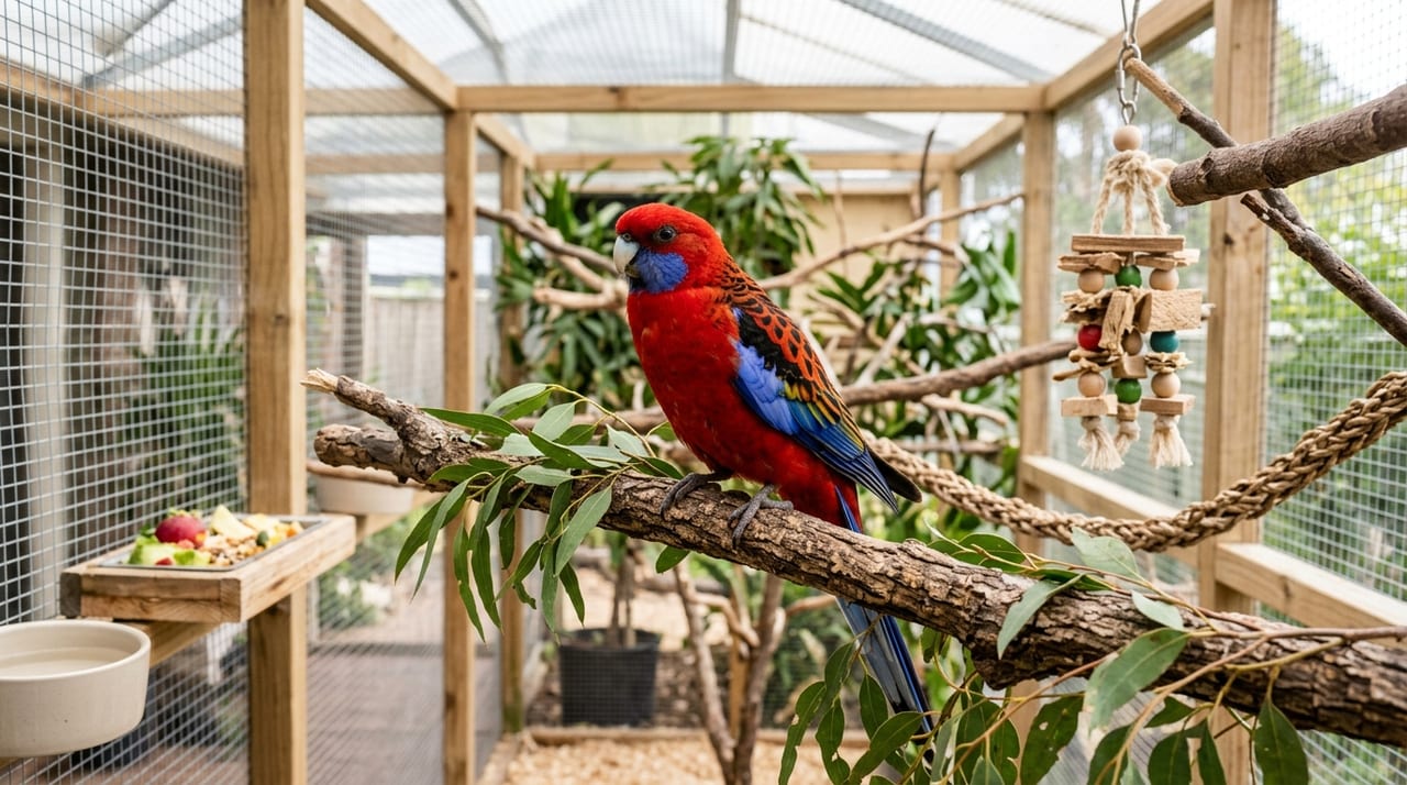 Rosella perched on a wooden branch inside a cage with natural wood and toys