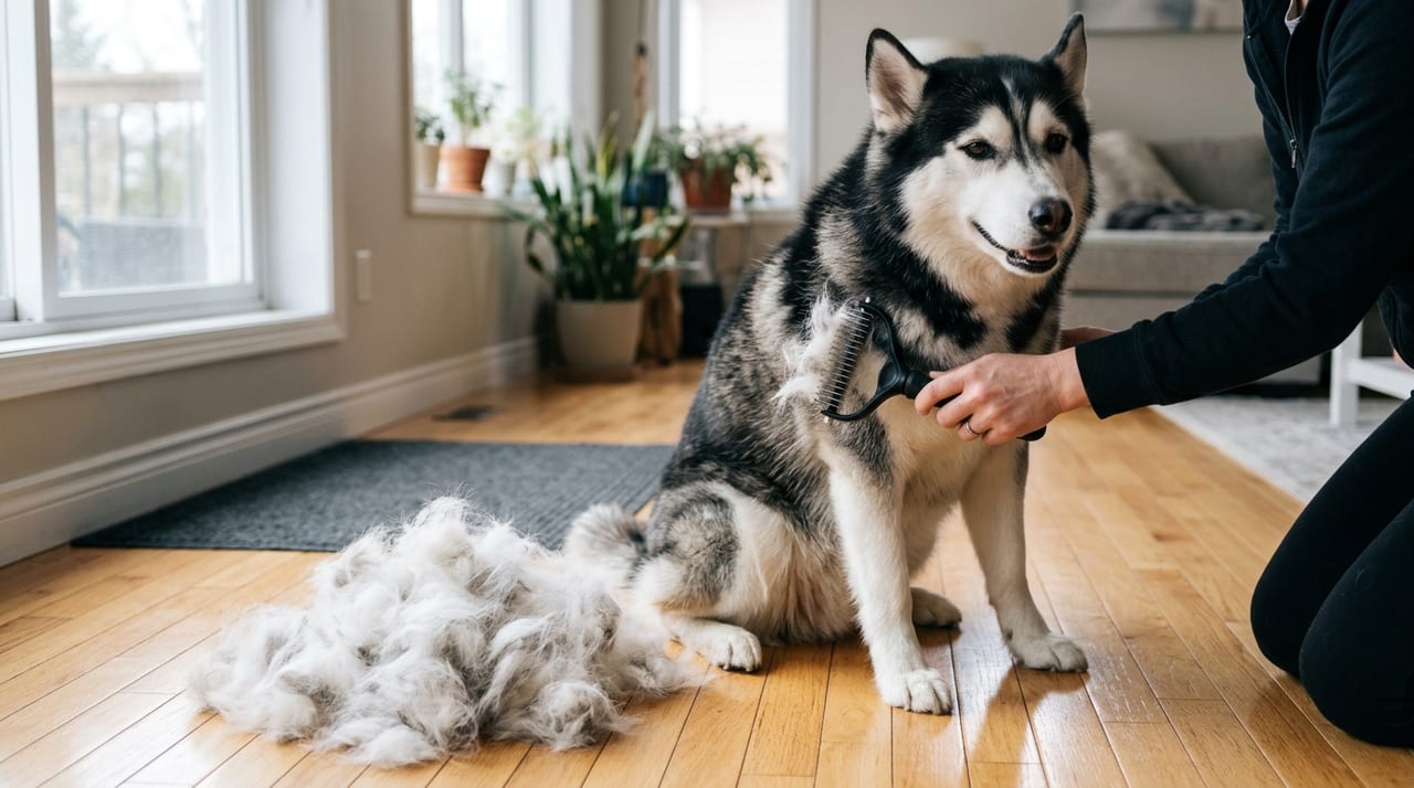 Siberian Husky brushing during shedding season