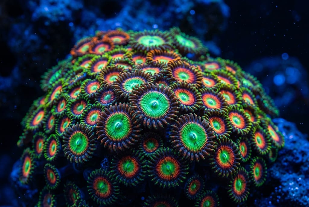 纽扣珊瑚（佐恩） under blue light (fluorescence)